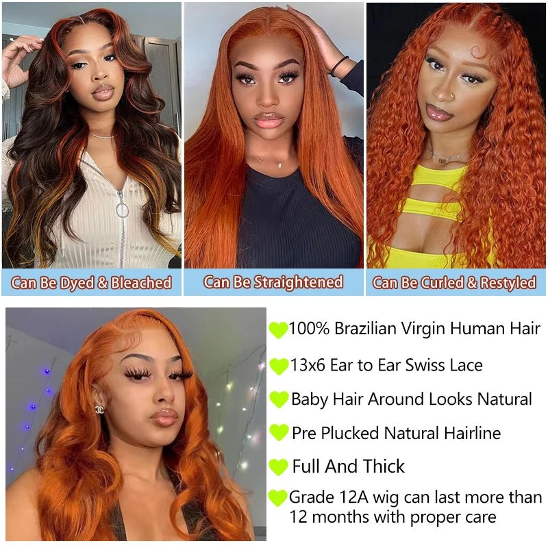 Ginger Orange 13x6 Lace Front Wigs Human Hair 200% Density Body Wave Wig 350 Colored Human Hair Wig Pre Plucked - MAGUSTA BEAUTY
