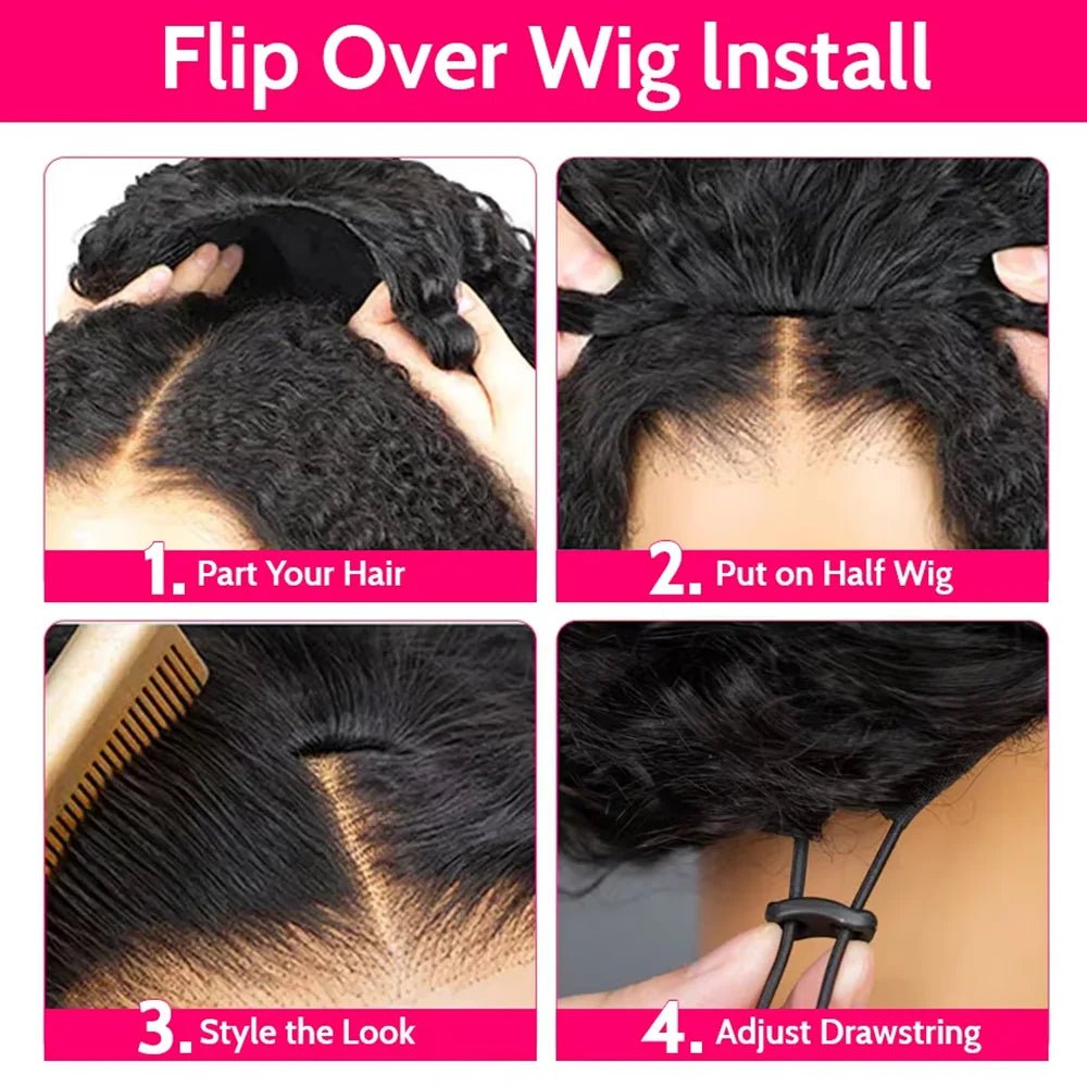 Half Wig Human Hair Wigs 200% Half Wig Kinky Curly Human Hair Wigs 3 In 1 Invisible Hairline Wear Go With Drawstring Seamless - MAGUSTA BEAUTY