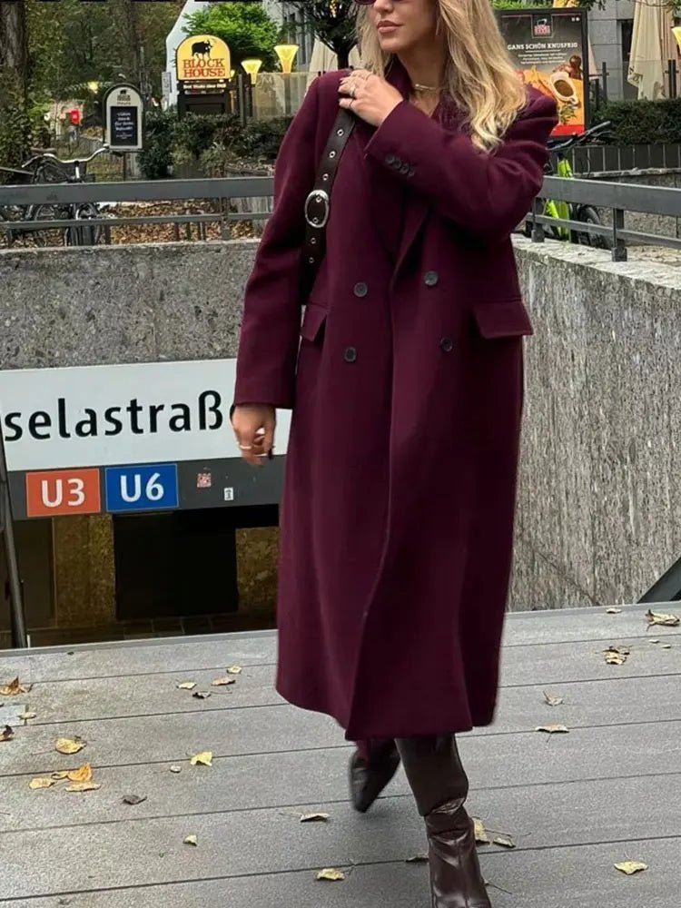 HH Women Fashion Burgundy Woolen Coat Double Breasted Long Sleeve Lapel Blends Jacket Autumn Winter High Street Outerwear - MAGUSTA BEAUTY