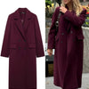 HH Women Fashion Burgundy Woolen Coat Double Breasted Long Sleeve Lapel Blends Jacket Autumn Winter High Street Outerwear - MAGUSTA BEAUTY
