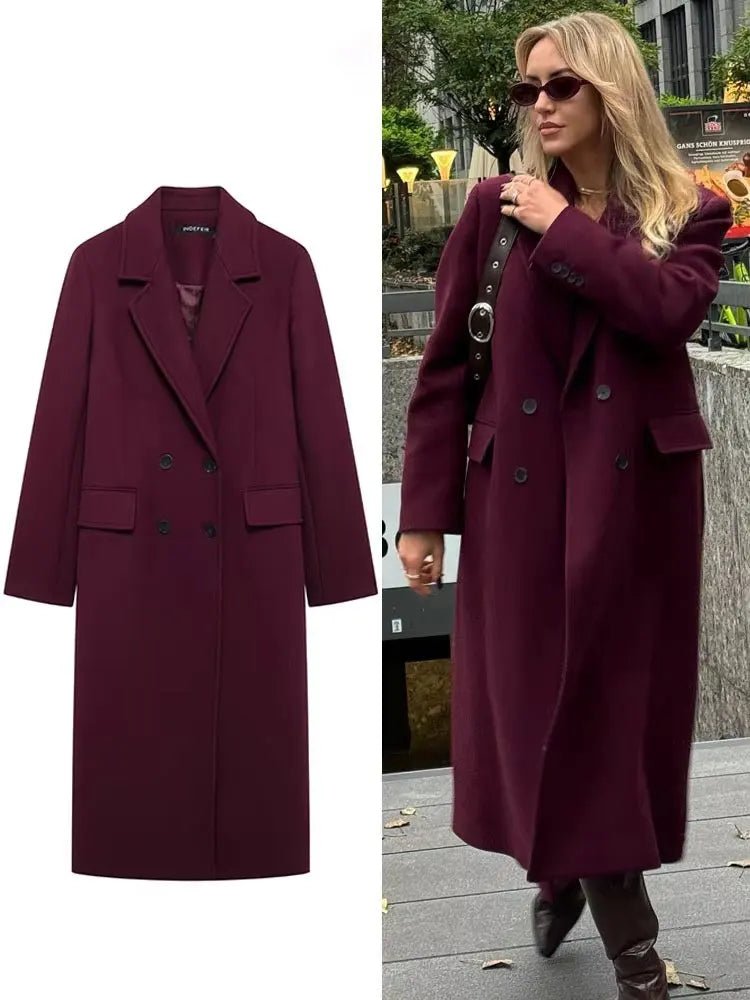 HH Women Fashion Burgundy Woolen Coat Double Breasted Long Sleeve Lapel Blends Jacket Autumn Winter High Street Outerwear - MAGUSTA BEAUTY