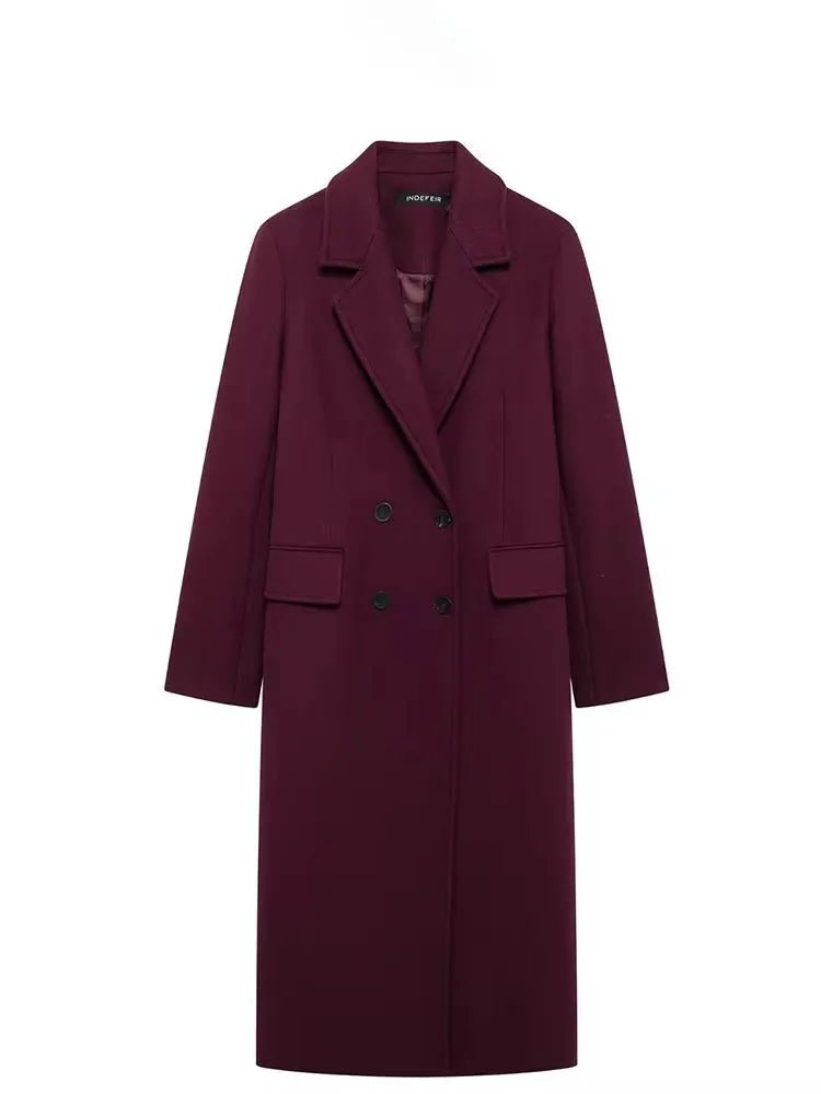 HH Women Fashion Burgundy Woolen Coat Double Breasted Long Sleeve Lapel Blends Jacket Autumn Winter High Street Outerwear - MAGUSTA BEAUTY
