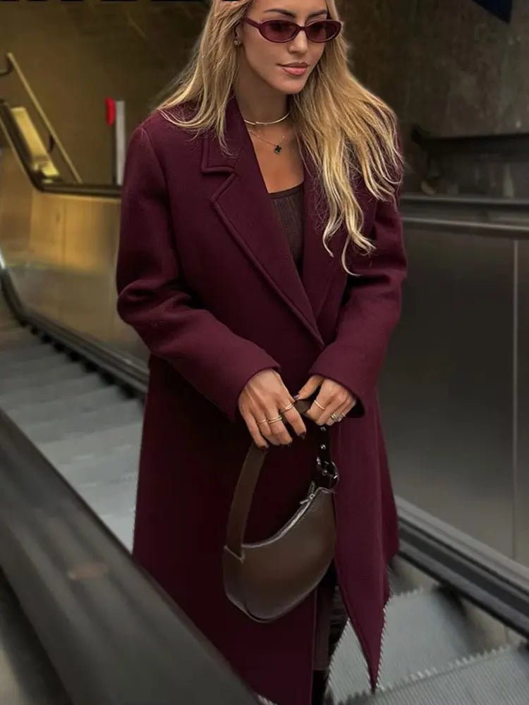 HH Women Fashion Burgundy Woolen Coat Double Breasted Long Sleeve Lapel Blends Jacket Autumn Winter High Street Outerwear - MAGUSTA BEAUTY