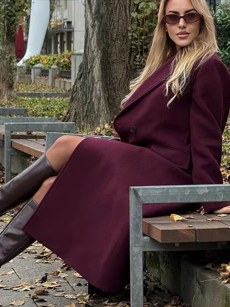 HH Women Fashion Burgundy Woolen Coat Double Breasted Long Sleeve Lapel Blends Jacket Autumn Winter High Street Outerwear - MAGUSTA BEAUTY