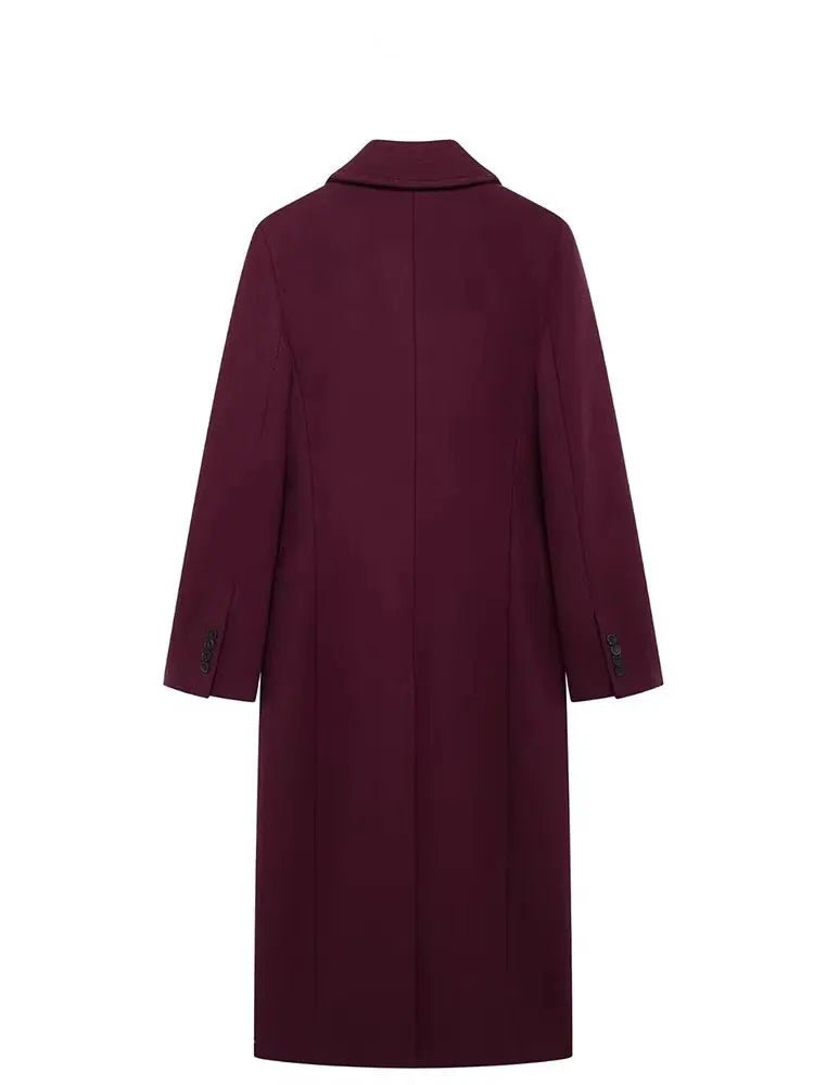 HH Women Fashion Burgundy Woolen Coat Double Breasted Long Sleeve Lapel Blends Jacket Autumn Winter High Street Outerwear - MAGUSTA BEAUTY