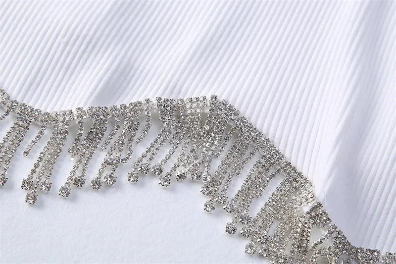 High Street Sexy Hem Tassel Diamond Beading Knitting T Shirt Chic Short Camis Tank Lady Slim Crop Vest Tops - MAGUSTA BEAUTY