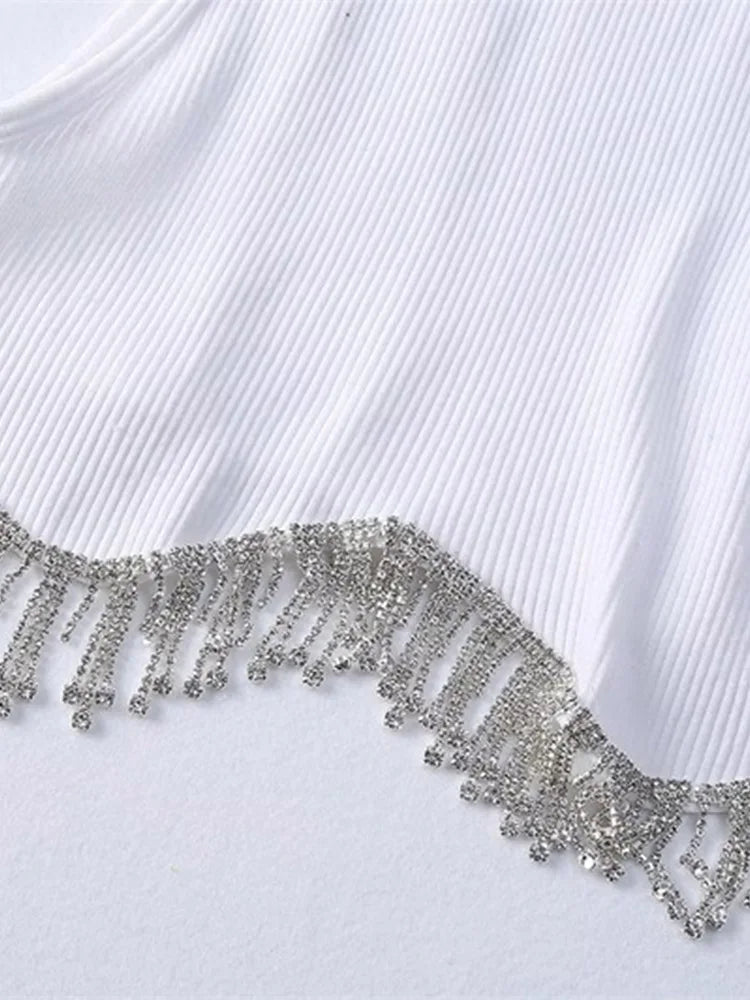 High Street Sexy Hem Tassel Diamond Beading Knitting T Shirt Chic Short Camis Tank Lady Slim Crop Vest Tops - MAGUSTA BEAUTY