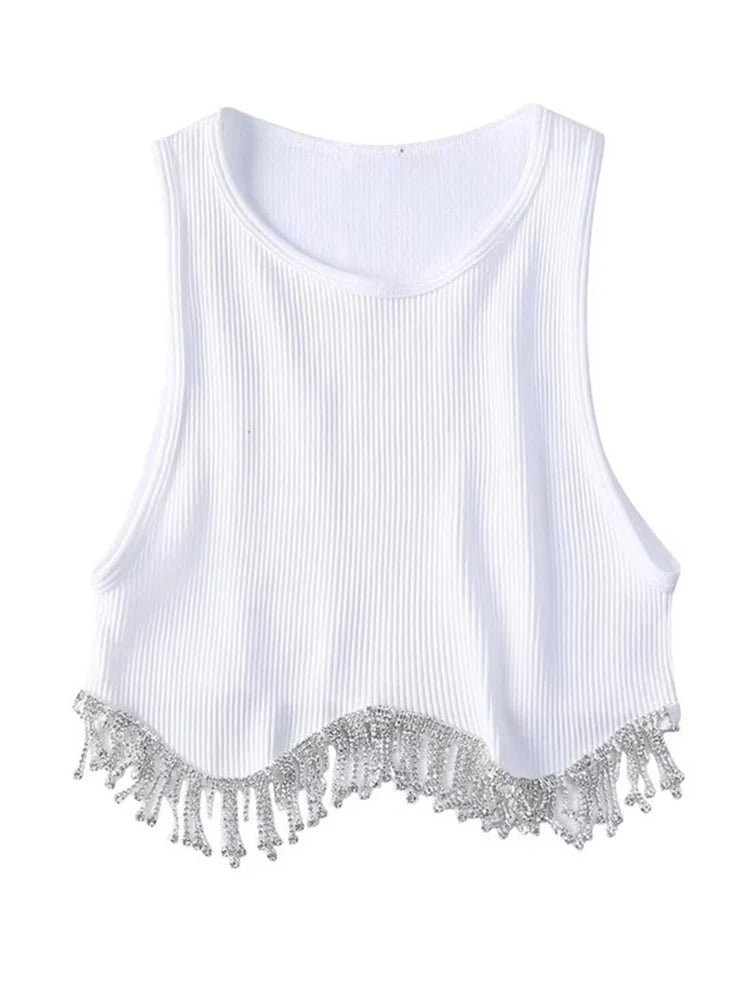 High Street Sexy Hem Tassel Diamond Beading Knitting T Shirt Chic Short Camis Tank Lady Slim Crop Vest Tops - MAGUSTA BEAUTY