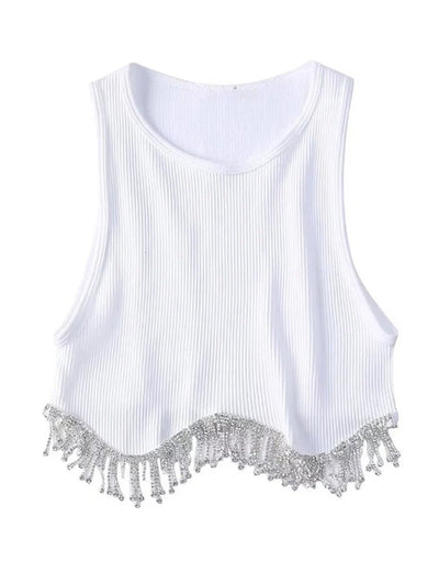 High Street Sexy Hem Tassel Diamond Beading Knitting T Shirt Chic Short Camis Tank Lady Slim Crop Vest Tops - MAGUSTA BEAUTY