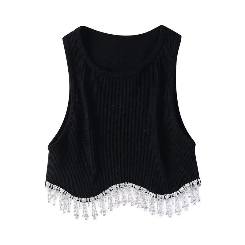 High Street Sexy Hem Tassel Diamond Beading Knitting T Shirt Chic Short Camis Tank Lady Slim Crop Vest Tops - MAGUSTA BEAUTY