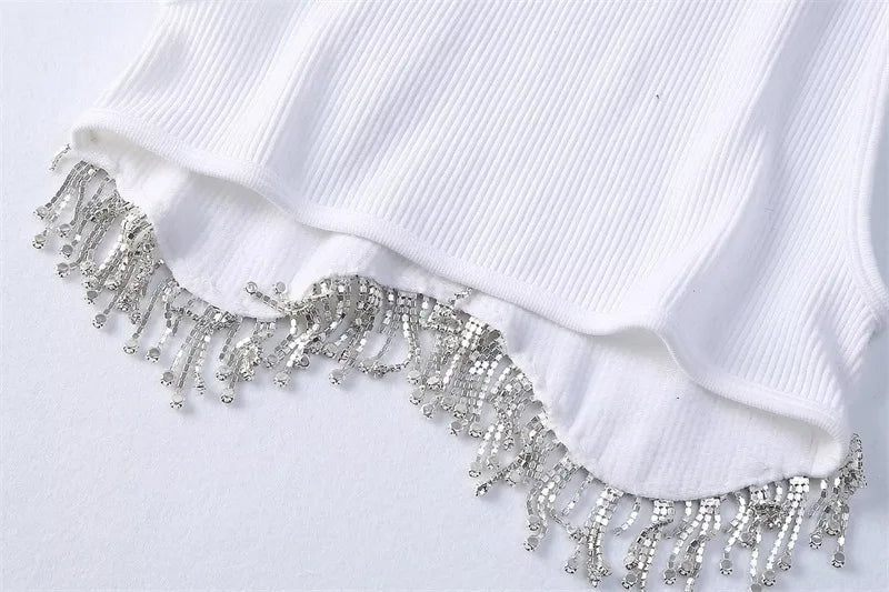 High Street Sexy Hem Tassel Diamond Beading Knitting T Shirt Chic Short Camis Tank Lady Slim Crop Vest Tops - MAGUSTA BEAUTY