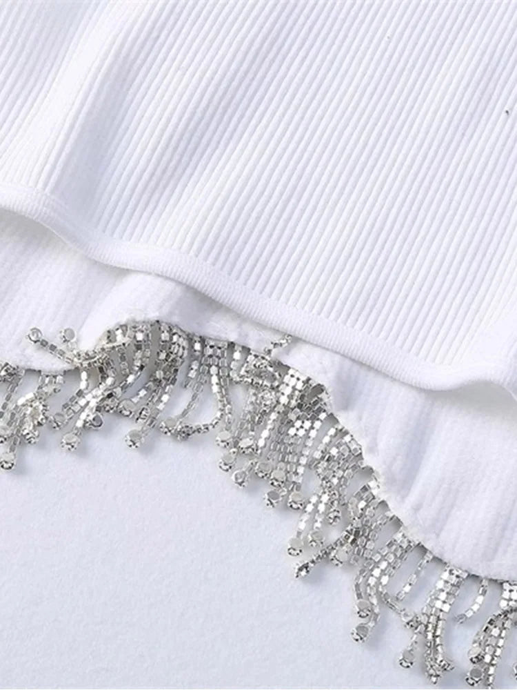 High Street Sexy Hem Tassel Diamond Beading Knitting T Shirt Chic Short Camis Tank Lady Slim Crop Vest Tops - MAGUSTA BEAUTY