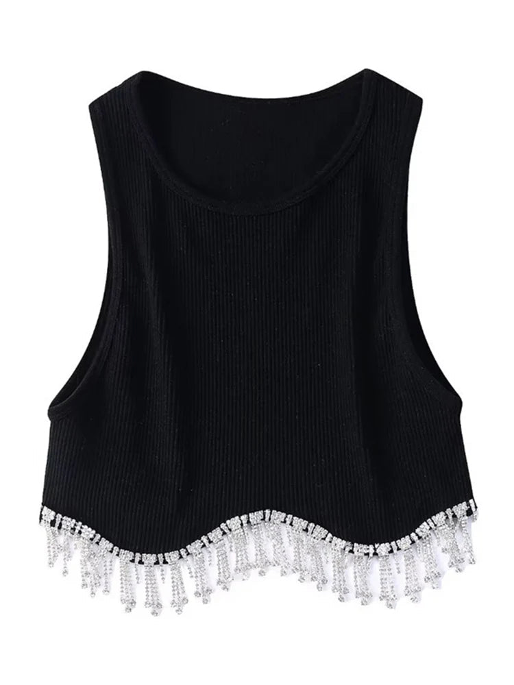 High Street Sexy Hem Tassel Diamond Beading Knitting T Shirt Chic Short Camis Tank Lady Slim Crop Vest Tops - MAGUSTA BEAUTY