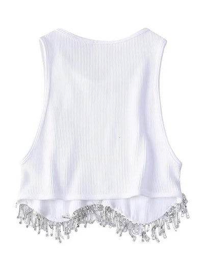 High Street Sexy Hem Tassel Diamond Beading Knitting T Shirt Chic Short Camis Tank Lady Slim Crop Vest Tops - MAGUSTA BEAUTY