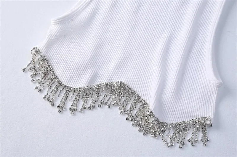 High Street Sexy Hem Tassel Diamond Beading Knitting T Shirt Chic Short Camis Tank Lady Slim Crop Vest Tops - MAGUSTA BEAUTY