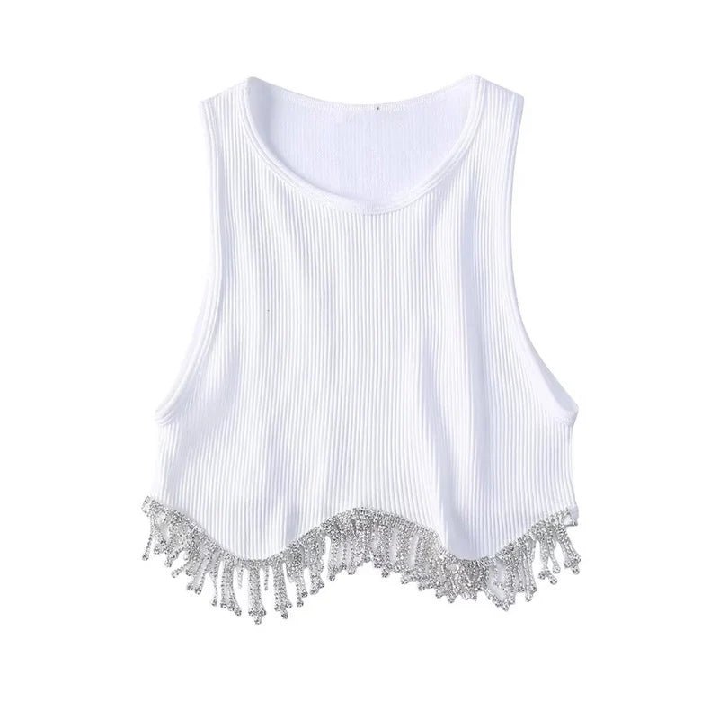 High Street Sexy Hem Tassel Diamond Beading Knitting T Shirt Chic Short Camis Tank Lady Slim Crop Vest Tops - MAGUSTA BEAUTY