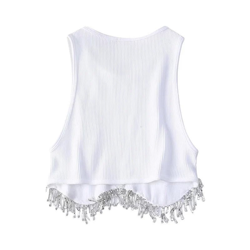 High Street Sexy Hem Tassel Diamond Beading Knitting T Shirt Chic Short Camis Tank Lady Slim Crop Vest Tops - MAGUSTA BEAUTY