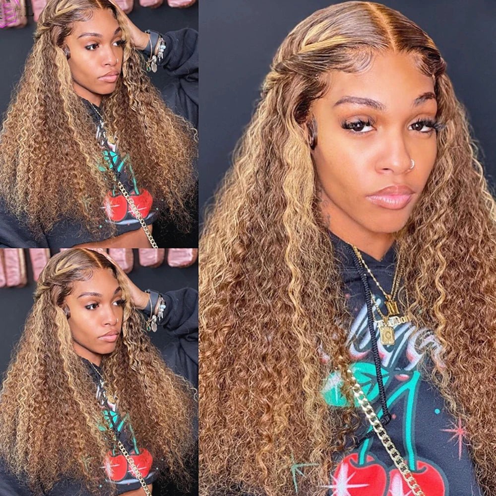 Highlight Honey Brown 13x4 Curly Lace Front Wig Glueless Human Hair Wigs Ombre 13x6 HD Deep Wave Lace Frontal Wig For Women Sale - MAGUSTA BEAUTY