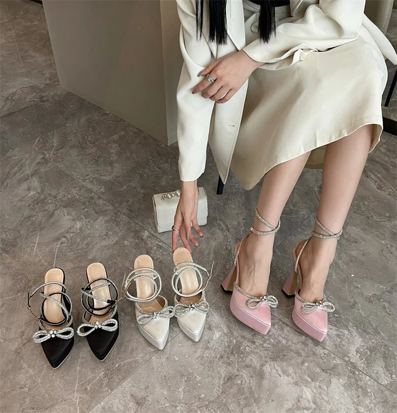Hlieny 2025 Spring Autumn Women Pumps Fashion Platform Pointed Toe Butterfly-Knot Crystal Party Shoes Ankle Buckle Strap Sandals - MAGUSTA BEAUTY