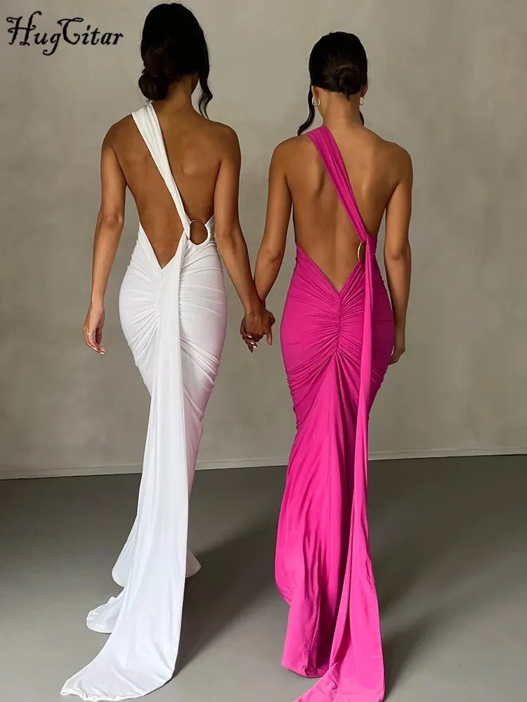 Hugcitar One Shoulder Backless Adjustable Scarf Loop Ruched Sexy Maxi Dress Women Elegant Y2K Streetwear Festival Outfit - MAGUSTA BEAUTY
