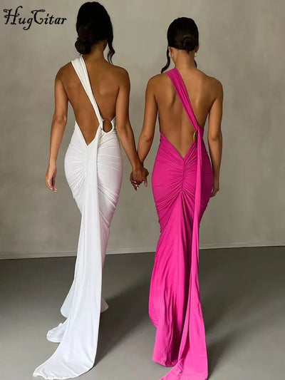 Hugcitar One Shoulder Backless Adjustable Scarf Loop Ruched Sexy Maxi Dress Women Elegant Y2K Streetwear Festival Outfit - MAGUSTA BEAUTY