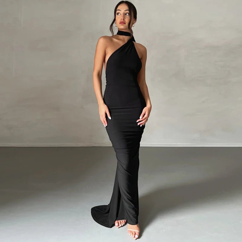 Hugcitar One Shoulder Backless Adjustable Scarf Loop Ruched Sexy Maxi Dress Women Elegant Y2K Streetwear Festival Outfit - MAGUSTA BEAUTY