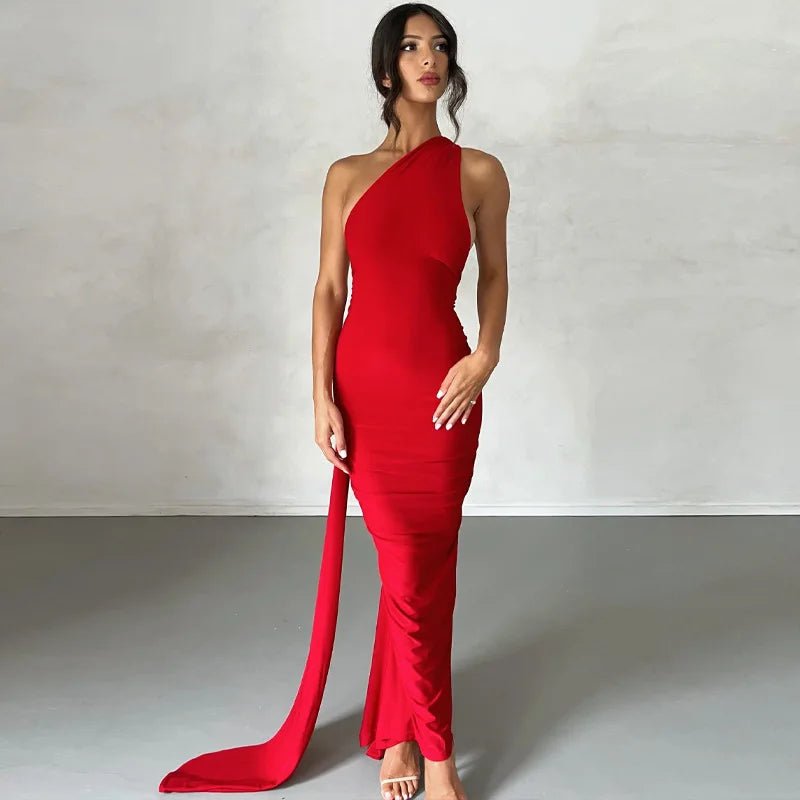 Hugcitar One Shoulder Backless Adjustable Scarf Loop Ruched Sexy Maxi Dress Women Elegant Y2K Streetwear Festival Outfit - MAGUSTA BEAUTY