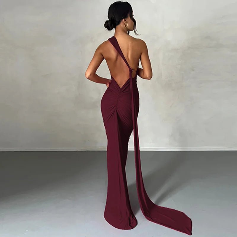 Hugcitar One Shoulder Backless Adjustable Scarf Loop Ruched Sexy Maxi Dress Women Elegant Y2K Streetwear Festival Outfit - MAGUSTA BEAUTY