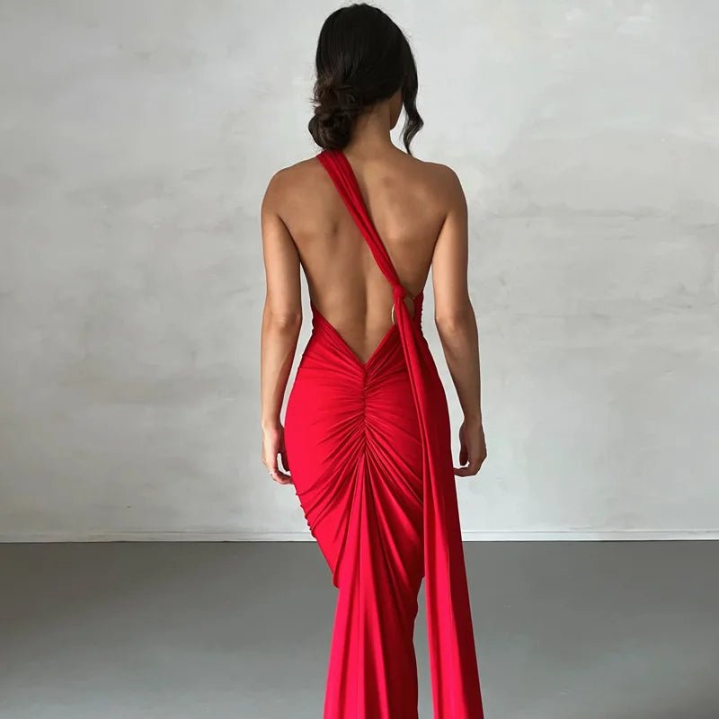Hugcitar One Shoulder Backless Adjustable Scarf Loop Ruched Sexy Maxi Dress Women Elegant Y2K Streetwear Festival Outfit - MAGUSTA BEAUTY