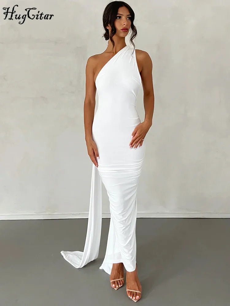 Hugcitar One Shoulder Backless Adjustable Scarf Loop Ruched Sexy Maxi Dress Women Elegant Y2K Streetwear Festival Outfit - MAGUSTA BEAUTY