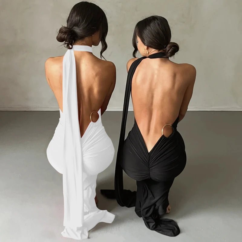 Hugcitar One Shoulder Backless Adjustable Scarf Loop Ruched Sexy Maxi Dress Women Elegant Y2K Streetwear Festival Outfit - MAGUSTA BEAUTY