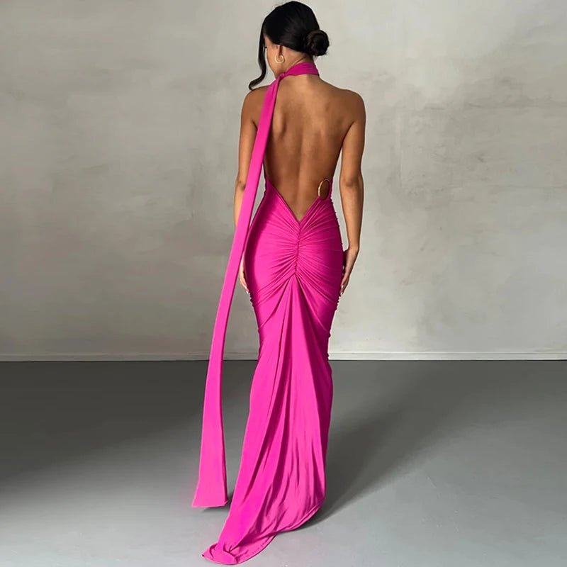 Hugcitar One Shoulder Backless Adjustable Scarf Loop Ruched Sexy Maxi Dress Women Elegant Y2K Streetwear Festival Outfit - MAGUSTA BEAUTY