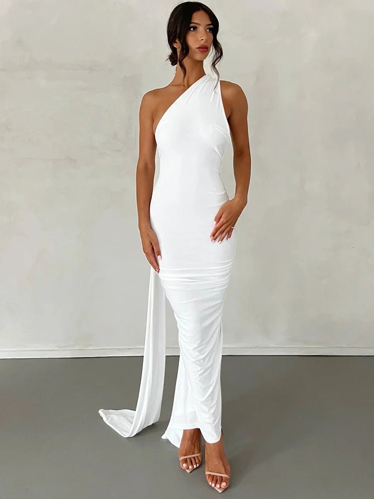 Hugcitar One Shoulder Backless Adjustable Scarf Loop Ruched Sexy Maxi Dress Women Elegant Y2K Streetwear Festival Outfit - MAGUSTA BEAUTY