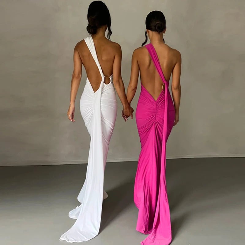 Hugcitar One Shoulder Backless Adjustable Scarf Loop Ruched Sexy Maxi Dress Women Elegant Y2K Streetwear Festival Outfit - MAGUSTA BEAUTY