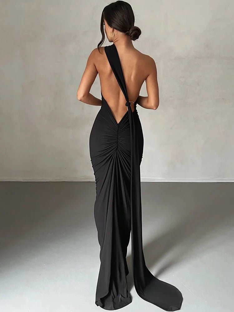 Hugcitar One Shoulder Backless Adjustable Scarf Loop Ruched Sexy Maxi Dress Women Elegant Y2K Streetwear Festival Outfit - MAGUSTA BEAUTY