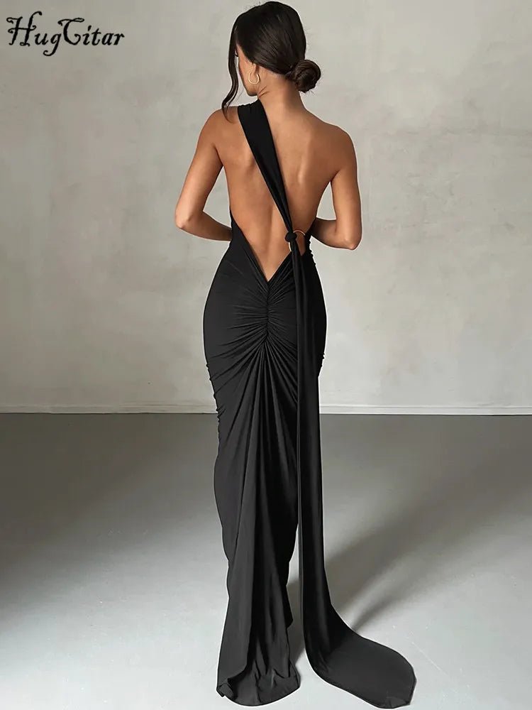 Hugcitar One Shoulder Backless Adjustable Scarf Loop Ruched Sexy Maxi Dress Women Elegant Y2K Streetwear Festival Outfit - MAGUSTA BEAUTY