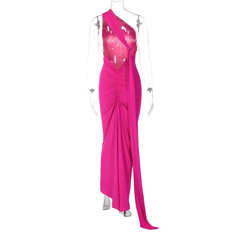 Hugcitar One Shoulder Backless Adjustable Scarf Loop Ruched Sexy Maxi Dress Women Elegant Y2K Streetwear Festival Outfit - MAGUSTA BEAUTY