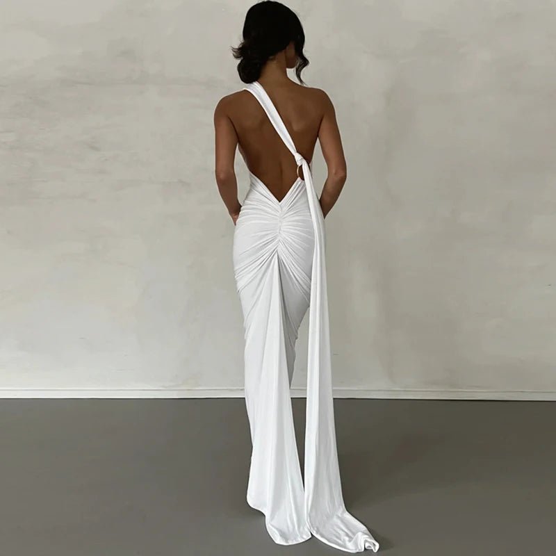 Hugcitar One Shoulder Backless Adjustable Scarf Loop Ruched Sexy Maxi Dress Women Elegant Y2K Streetwear Festival Outfit - MAGUSTA BEAUTY