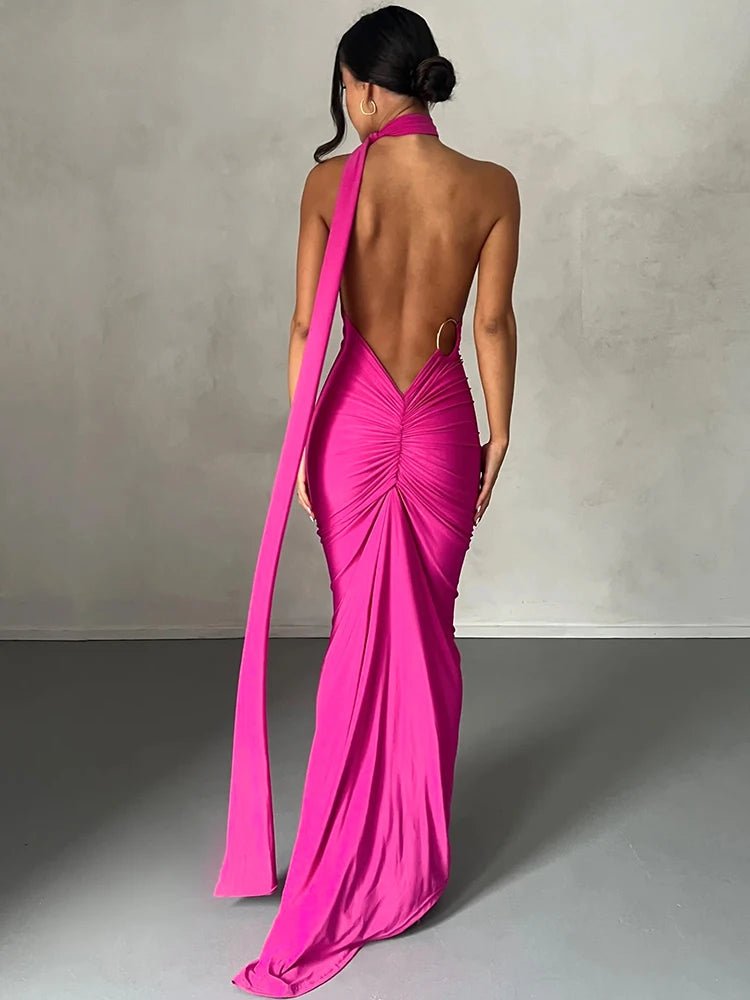 Hugcitar One Shoulder Backless Adjustable Scarf Loop Ruched Sexy Maxi Dress Women Elegant Y2K Streetwear Festival Outfit - MAGUSTA BEAUTY