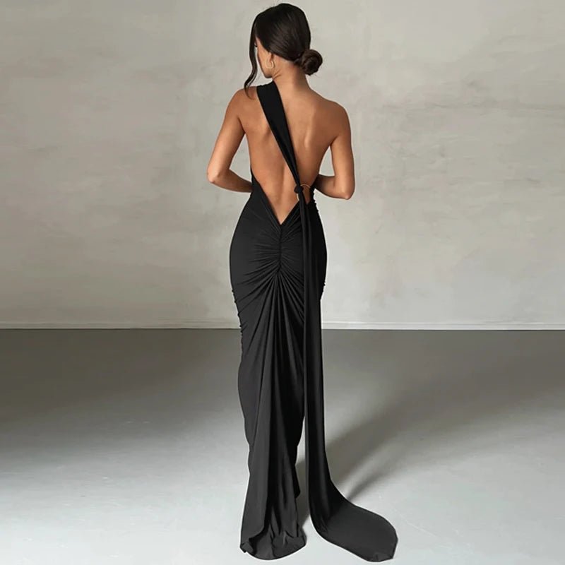 Hugcitar One Shoulder Backless Adjustable Scarf Loop Ruched Sexy Maxi Dress Women Elegant Y2K Streetwear Festival Outfit - MAGUSTA BEAUTY