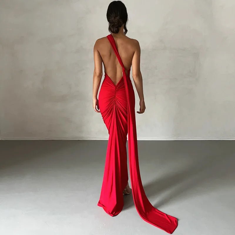 Hugcitar One Shoulder Backless Adjustable Scarf Loop Ruched Sexy Maxi Dress Women Elegant Y2K Streetwear Festival Outfit - MAGUSTA BEAUTY