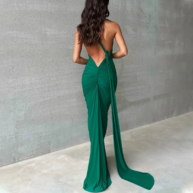 Hugcitar One Shoulder Backless Adjustable Scarf Loop Ruched Sexy Maxi Dress Women Elegant Y2K Streetwear Festival Outfit - MAGUSTA BEAUTY