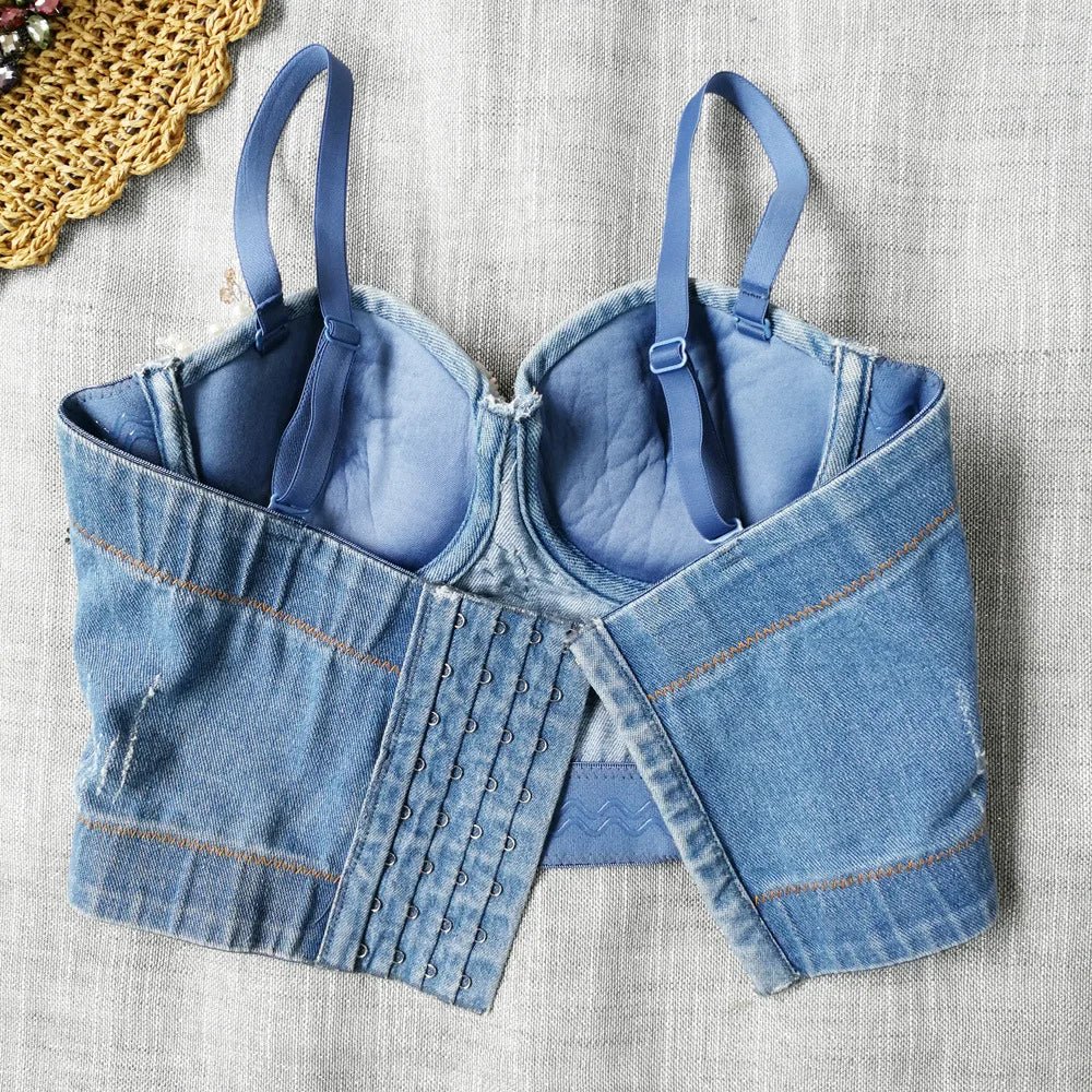 Irene Tinnie Sexy Cute Hole Cartoon Decoration Push Up Bustier Women's Denim Bralette Cropped Top Vest Plus Size - MAGUSTA BEAUTY
