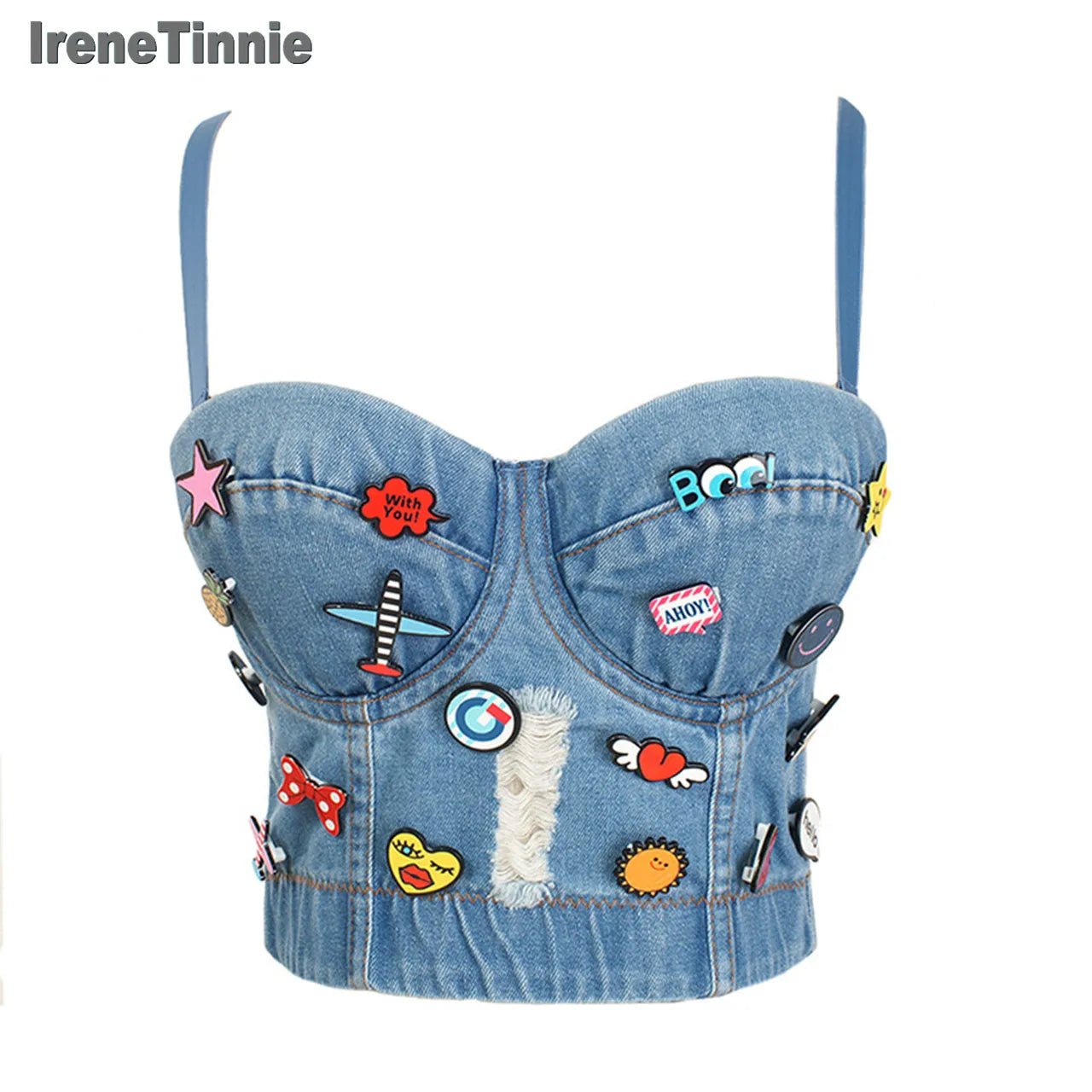 Irene Tinnie Sexy Cute Hole Cartoon Decoration Push Up Bustier Women's Denim Bralette Cropped Top Vest Plus Size - MAGUSTA BEAUTY