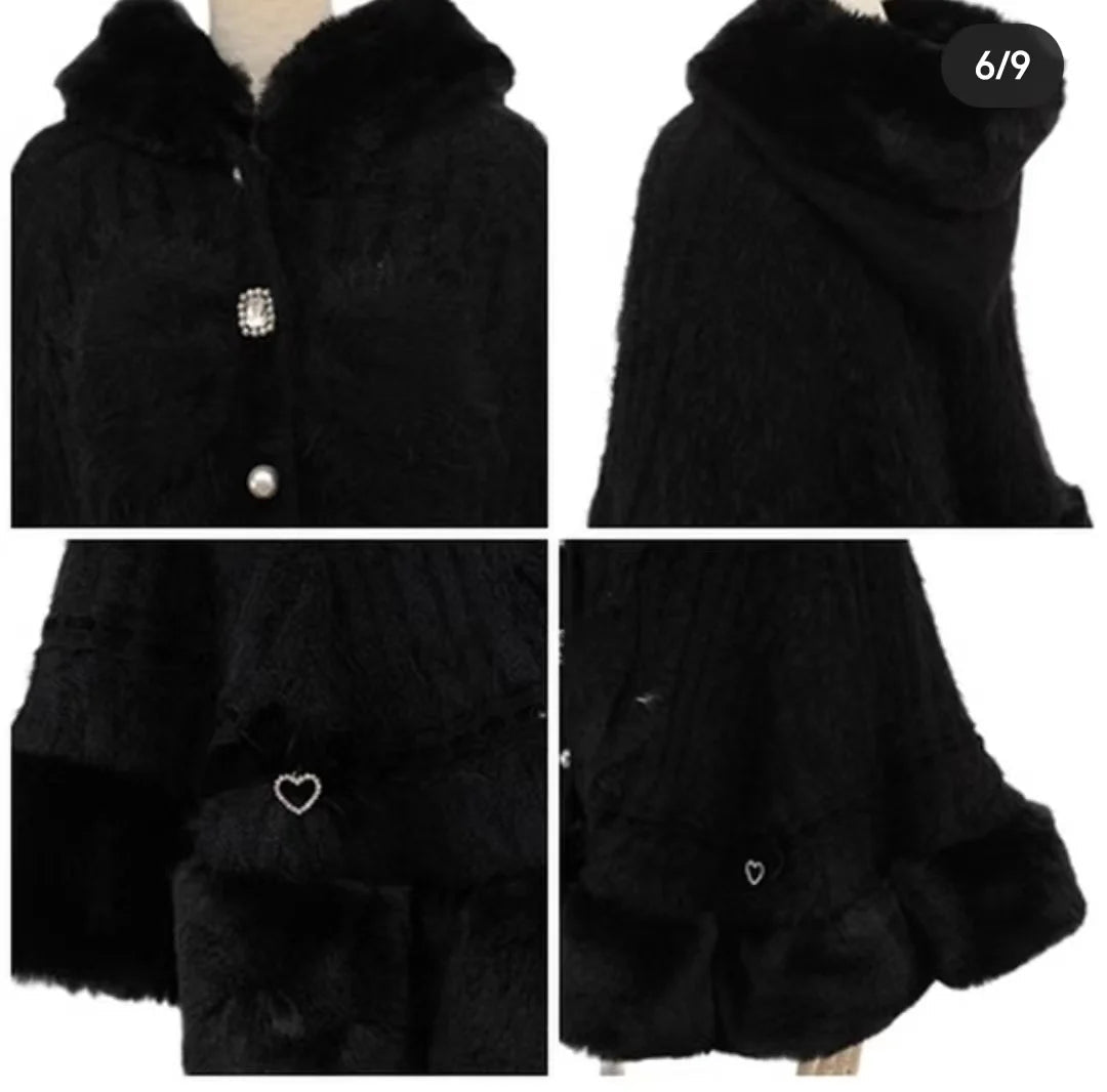 Japanese Liz Sweet Princess Faux Rabbit Fur Cape Coat Women Autumn Winter Fur Jacket Loose Clock Rhinestone Bow Hooded Coat - MAGUSTA BEAUTY