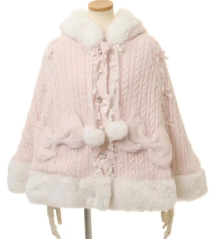 Japanese Liz Sweet Princess Faux Rabbit Fur Cape Coat Women Autumn Winter Fur Jacket Loose Clock Rhinestone Bow Hooded Coat - MAGUSTA BEAUTY