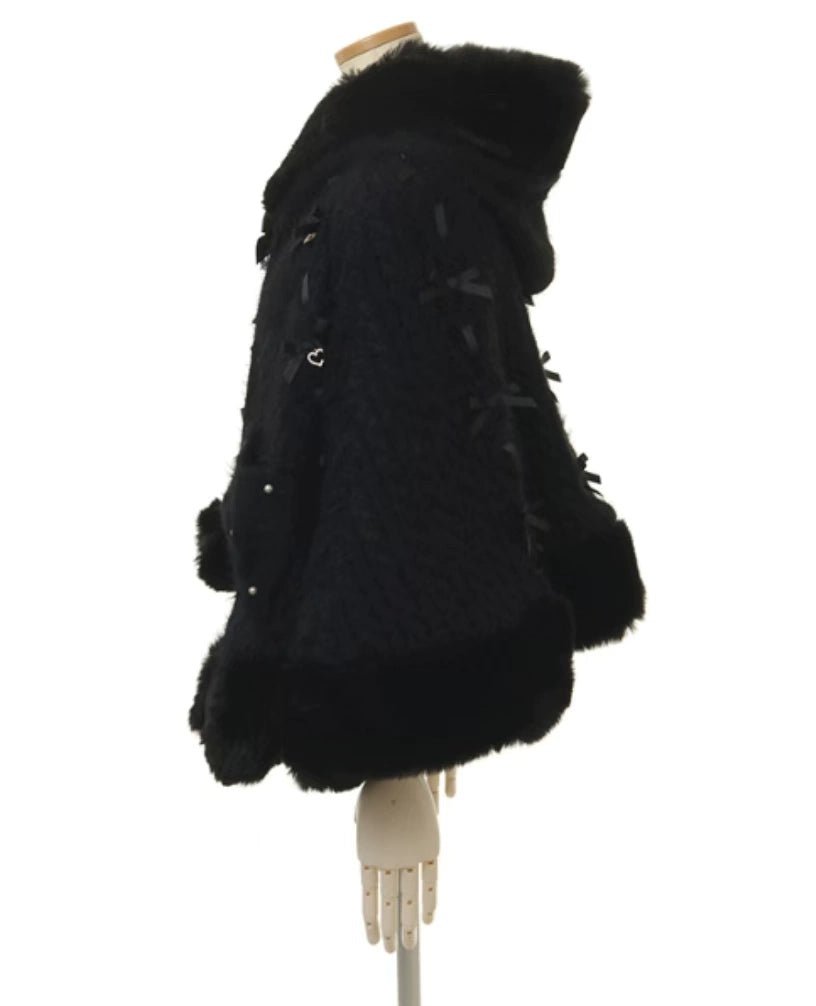 Japanese Liz Sweet Princess Faux Rabbit Fur Cape Coat Women Autumn Winter Fur Jacket Loose Clock Rhinestone Bow Hooded Coat - MAGUSTA BEAUTY