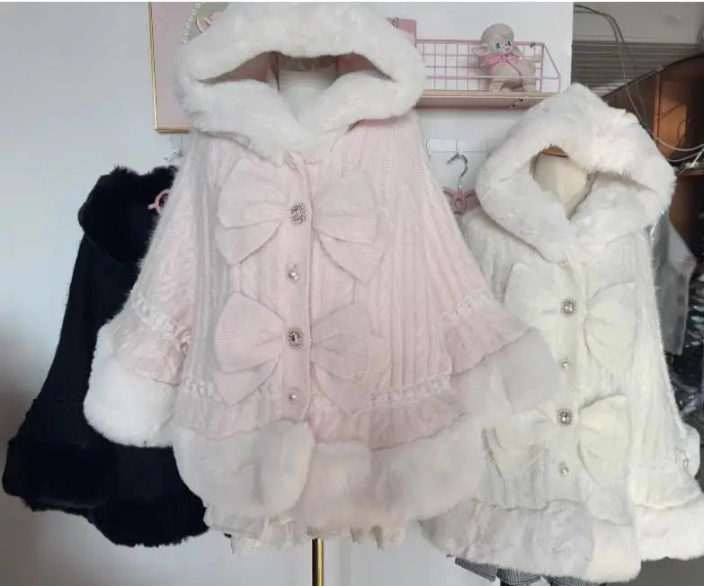 Japanese Liz Sweet Princess Faux Rabbit Fur Cape Coat Women Autumn Winter Fur Jacket Loose Clock Rhinestone Bow Hooded Coat - MAGUSTA BEAUTY