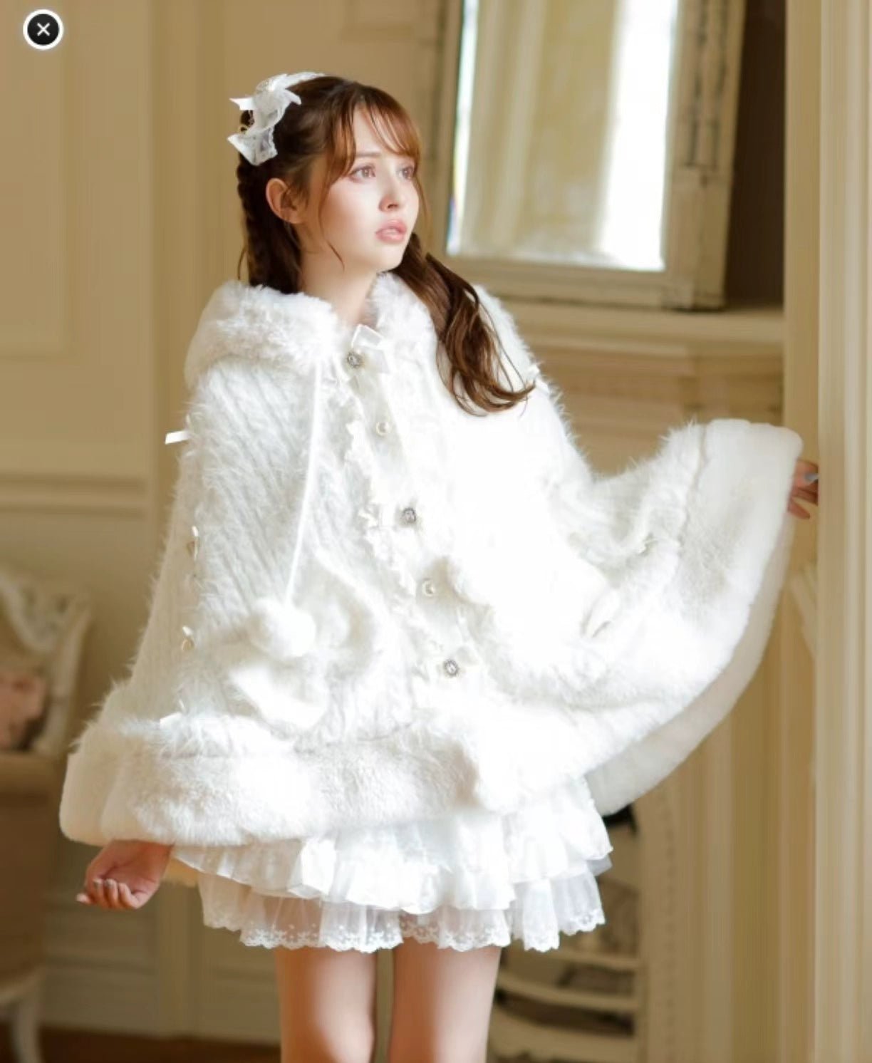 Japanese Liz Sweet Princess Faux Rabbit Fur Cape Coat Women Autumn Winter Fur Jacket Loose Clock Rhinestone Bow Hooded Coat - MAGUSTA BEAUTY