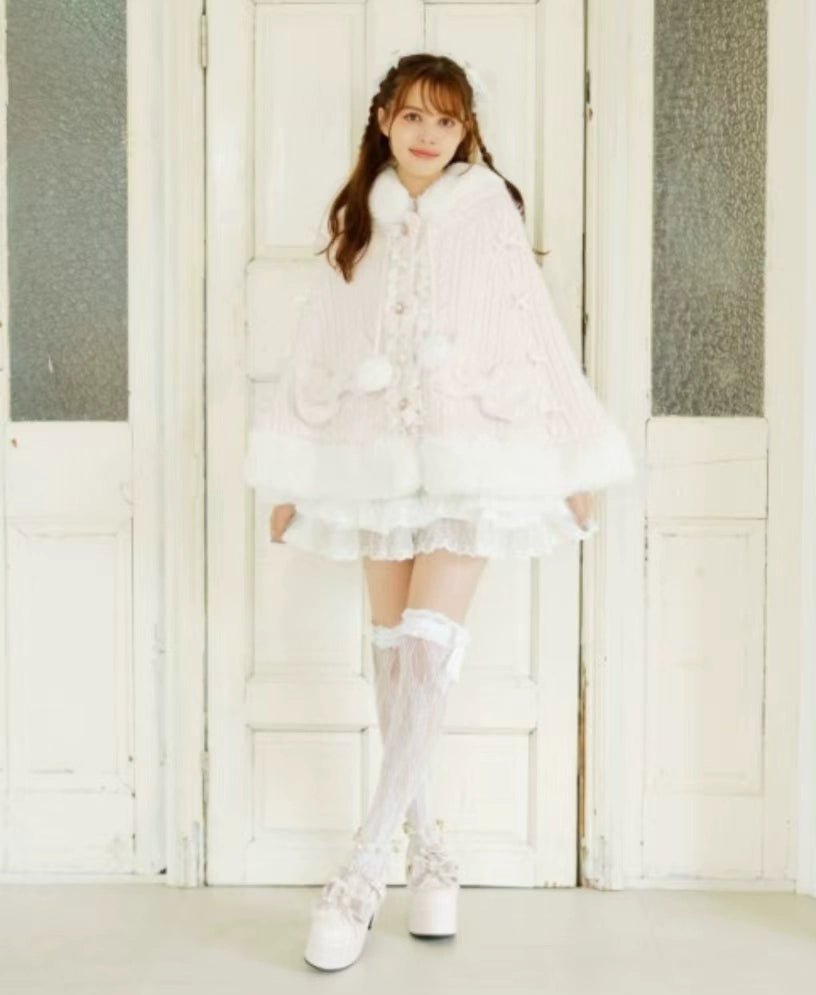 Japanese Liz Sweet Princess Faux Rabbit Fur Cape Coat Women Autumn Winter Fur Jacket Loose Clock Rhinestone Bow Hooded Coat - MAGUSTA BEAUTY